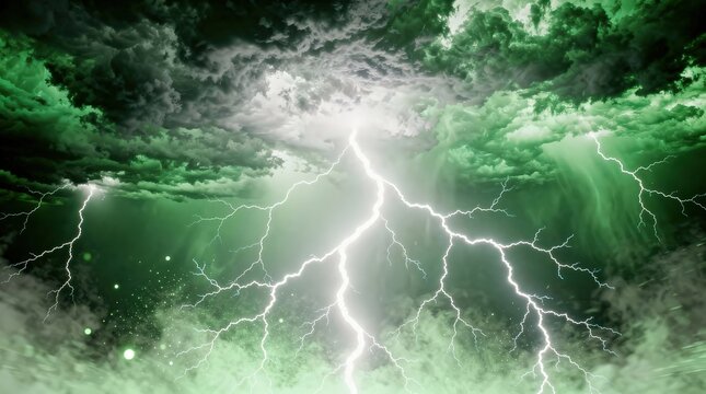 A dramatic green-hued storm with intense lightning bolts striking beneath turbulent, dark clouds.