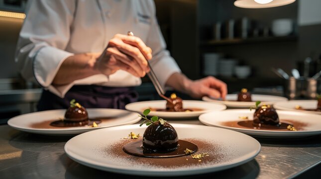 A chef delicately garnishes elegant chocolate desserts plated with precision in a professional kitchen setting.