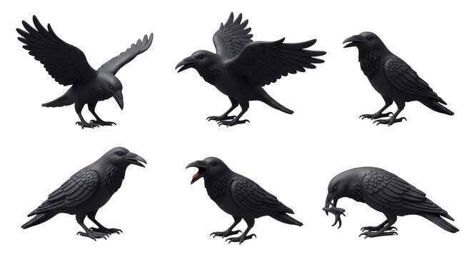 six black crows in various poses on a white background avian behavior educational or illustrative use
