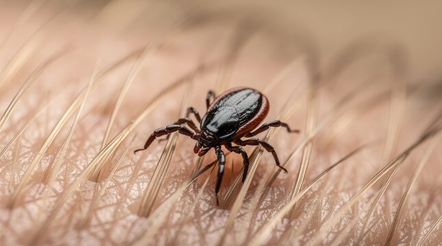 A close-up of a tick embedded in human skin with fine hair strands visible around it.