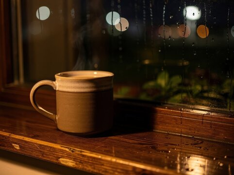 A steaming ceramic mug sits on a wooden windowsill with raindrops on the window and blurred city lights in the background at night.