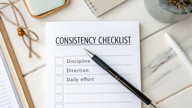 Detailed Consistency Checklist with Pen on Table Surrounded by Notebooks, Plant, and Cozy Decor Elements for Productivity