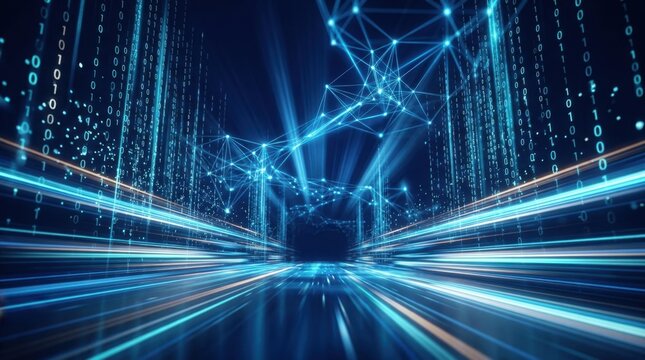 Abstract digital tunnel of binary code streams and glowing network nodes in deep blue