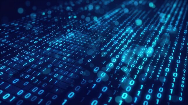 Abstract blue binary code matrix background representing digital technology, big data processing, cyber security, and network streams