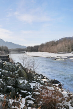 Brackendale Eagle Run Vista Point along the Squamish River during a winter season in Squamish, British Columbia, Canada