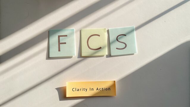 FCS Letters on Sticky Notes with Clarity in Action Phrase on White Surface in Natural Light for Inspirational Themes