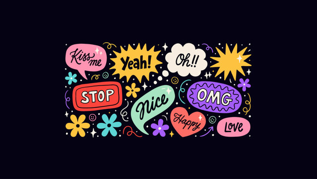 Speech bubble illustration set. Fun colorful chat balloons with playful expressions for comics, social media, stickers and communication graphics.
