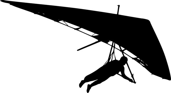 Black silhouette of a person hang gliding against a isolated on white background
