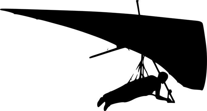 Black silhouette of a person hang gliding against a isolated on white background
