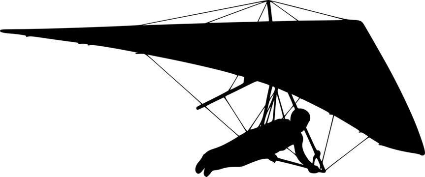 Black silhouette of a person hang gliding against a isolated on white background
