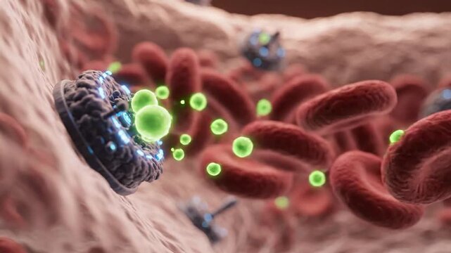 Microscopic view of red blood cells and platelets in a blood vessel, oxygen transport, science
