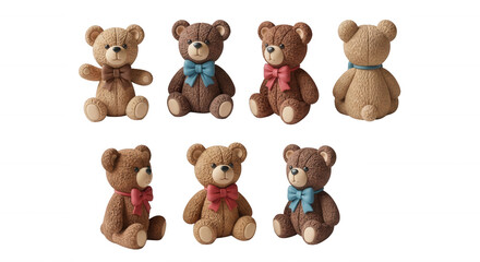 Fototapeta premium various teddy bears sit together on white background for decoration and play childrens products