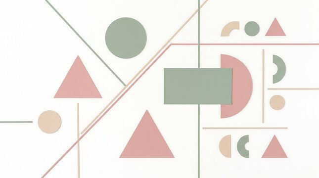 Bauhaus Style Pastel Geometric Shapes with Grid Lines Abstract Background