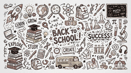 Obraz premium Educational doodle sketch composition featuring school supplies and academic symbols for creative back to school design projects