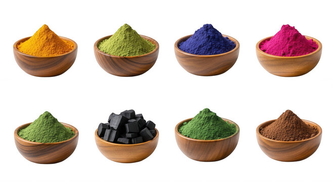 colorful spices and powders sit in wooden bowls against a clean white background culinary or health visual use