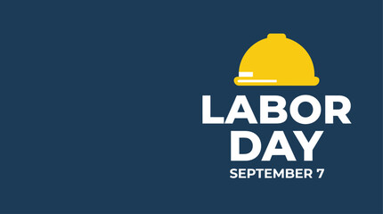 Fototapeta premium Labor Day celebration banner with yellow construction hard hat on dark blue background.