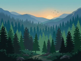 Fototapeta premium Vector illustration of a mountain pine forest landscape during sunrise