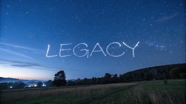 Sky with Stars Forming the Word Legacy Over a Tranquil Landscape at Dusk with Soft Clouds and a Peaceful Atmosphere