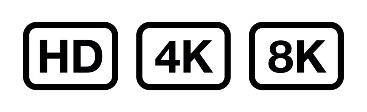 Resolution symbol. Hd, 4 k, and 8 k resolution in black rounded rectangles on transparent background vector illustration