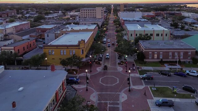 Aerial View at Sunset of Historic Downtown Sanford, Drone video 4K, Sanford, Florida, USA.