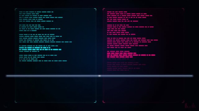 Side-by-Side Translation HUD: A modern motion graphic showcasing floating multi-paragraph essays translating instantly between languages in a side-by-side structured HUD
