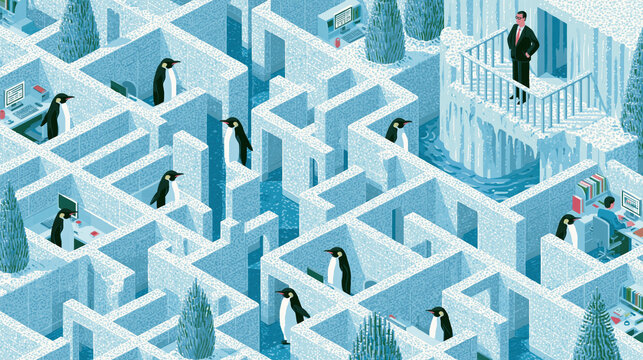 Isometric office penguins navigating a corporate cubicle maze with an executive above