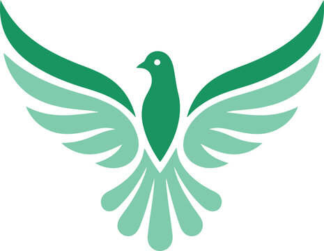 Modern abstract dove logo in emerald green and mint, stylized bird with spread wings facing forward in symmetrical flight, elegant peaceful design perfect for eco, wellness, peace, freedom, charity, s