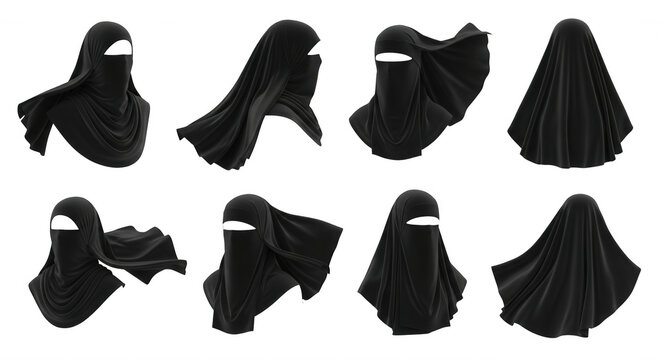 a set of eight digitally rendered burqas displayed against a white background various draped poses for design elements