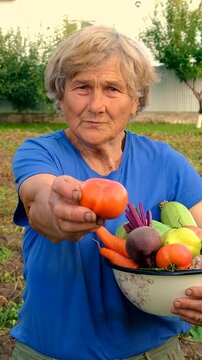 Grandma holds vegetables in the garden. Selective focus.