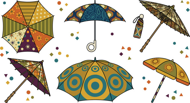 Vintage umbrella and parasol vector collection with bohemian patchwork floral sun