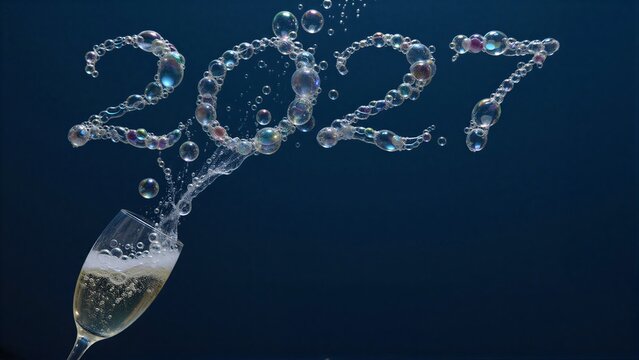 Champagne bubbles form "2027" above glass, celebrating new year's arrival.