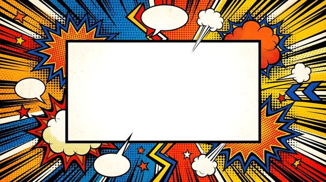 Colorful comic book style explosion illustration with a central banner with blank space
