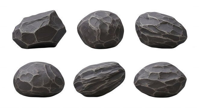 set of six irregularly shaped dark gray stone objects arranged on a white background textures for design or educational purposes