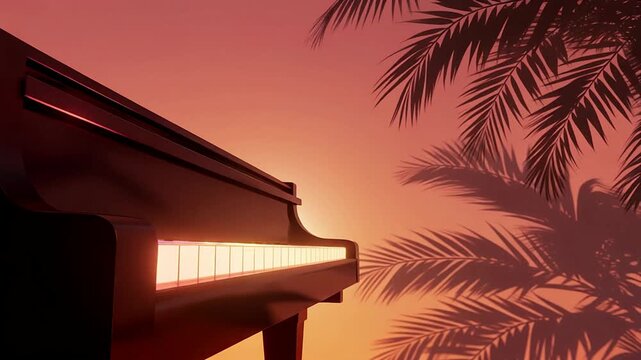 Piano playing cartoon animation with glowing keys at sunset