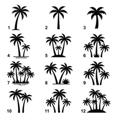 Fototapeta premium Collection of Twelve Black and White Palm Tree Illustrations for Design