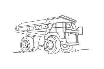 Continuous one line drawing heavy industrial mining dump truck, highlighting its big tires and massive container bed from a side perspective view. Single line draw design vector graphic illustration © onetime