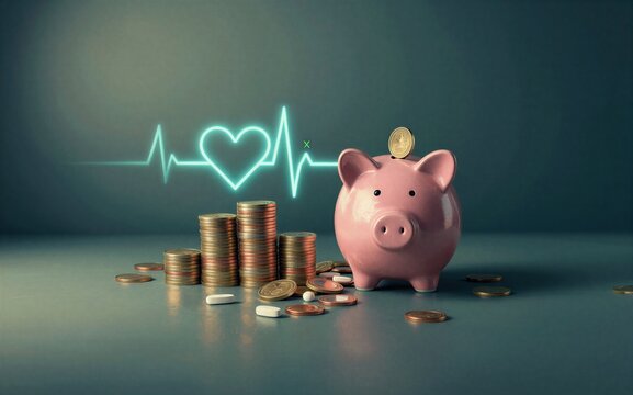 Pink piggy bank with coins, pills, and a glowing heart ECG line.