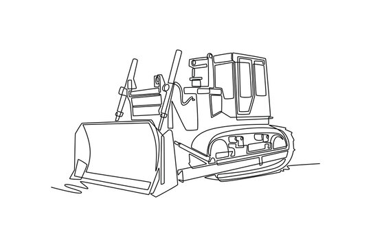 Single continuous line drawing industrial crawler bulldozer machine, showcasing its heavy grading shovel blade and tracks from low perspective. Dynamic one line draw graphic design vector illustration