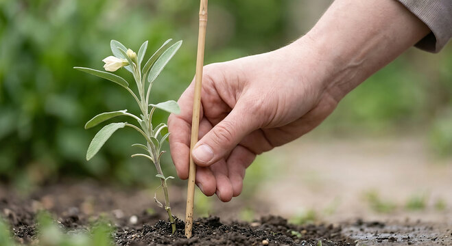 Hands placing a wooden stick to support a growing small seedling in garden soil