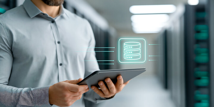 A data engineer holds a tablet in a bright modern office, a glowing holographic database icon floating above the device to represent live data pipeline monitoring with quiet charm.