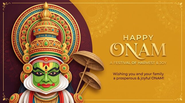 Onam festival background for South India Kerala traditional celebration. Onam Kathakali dancer with umbrella. Vector illustration.