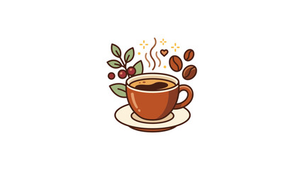 Fototapeta premium Hand-drawn steaming cup of coffee with beans and plant illustration