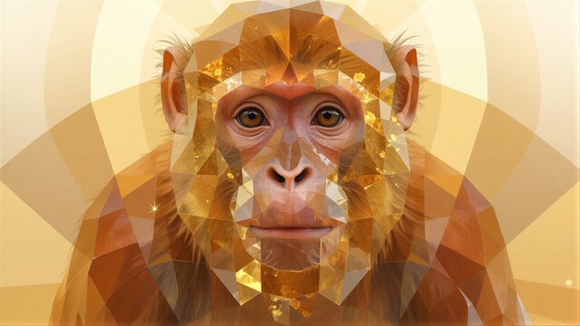 Golden monkey with geometric facets, warm sunburst background.