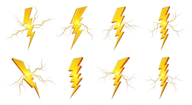 set of eight 3d rendered golden lightning bolts different angles white background energy power and weather concepts