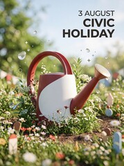 Celebrating august civic holiday with a rustic red can in a lush garden of wildflowers with showcases vintage red watering can resting among vibrant wildflowers lush greenery holiday serene festive