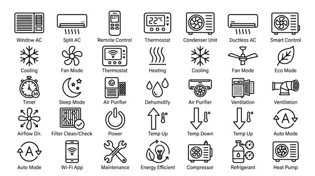 HVAC and air conditioning line icons set, 35 climate control vector symbols, cooling and heating system interface elements for smart home apps