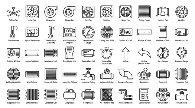 HVAC and ventilation system icons set, 50 line vector symbols for air conditioning and heating, industrial cooling and climate control equipment