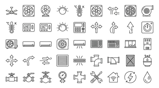 HVAC line icon set, 45 air conditioning and ventilation vector symbols, climate control and heating system equipment icons for industrial design