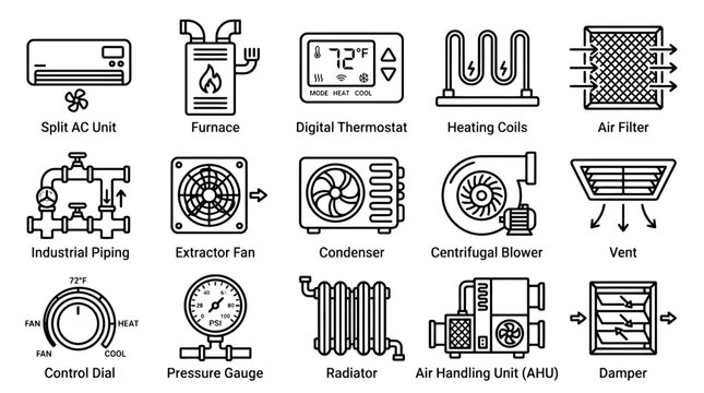HVAC system line icons set, 15 heating and cooling equipment symbols, industrial air conditioning and ventilation vector illustrations