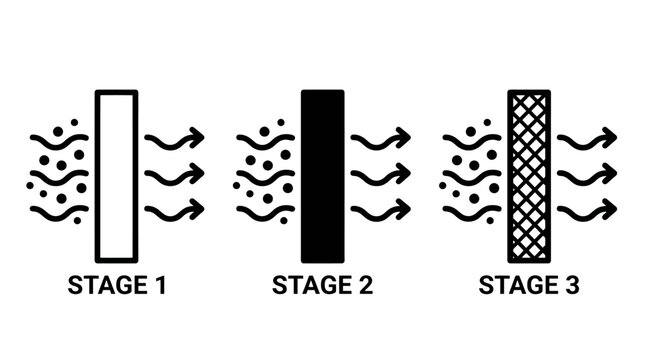 Air filtration system diagram with three stages, water or air purifier filter layers vector, clean ventilation technology icons